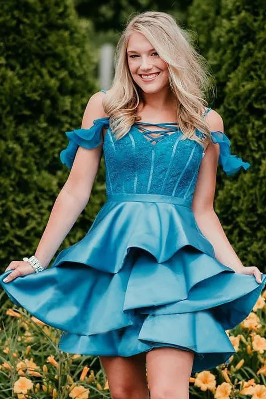 A Line Off the Shoulder Satin Homecoming Dresses, Tired Mini Prom Dresses UQ1806