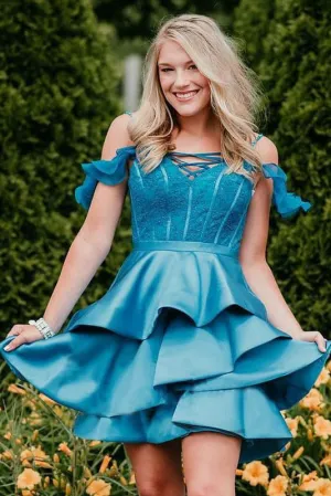 A Line Off the Shoulder Satin Homecoming Dresses, Tired Mini Prom Dresses UQ1806