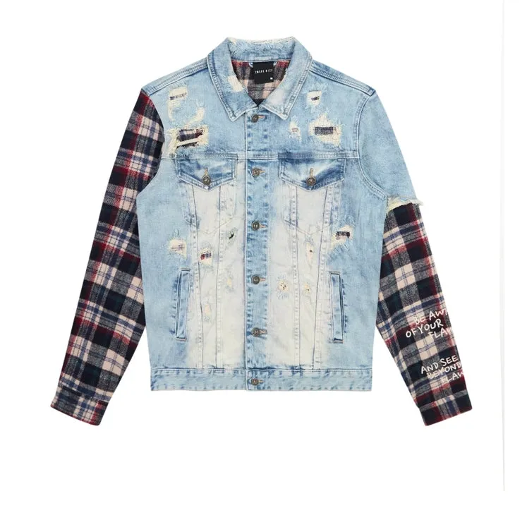 Big and Tall Plaid Mixed Media Jean Jacket - Mojave Blue