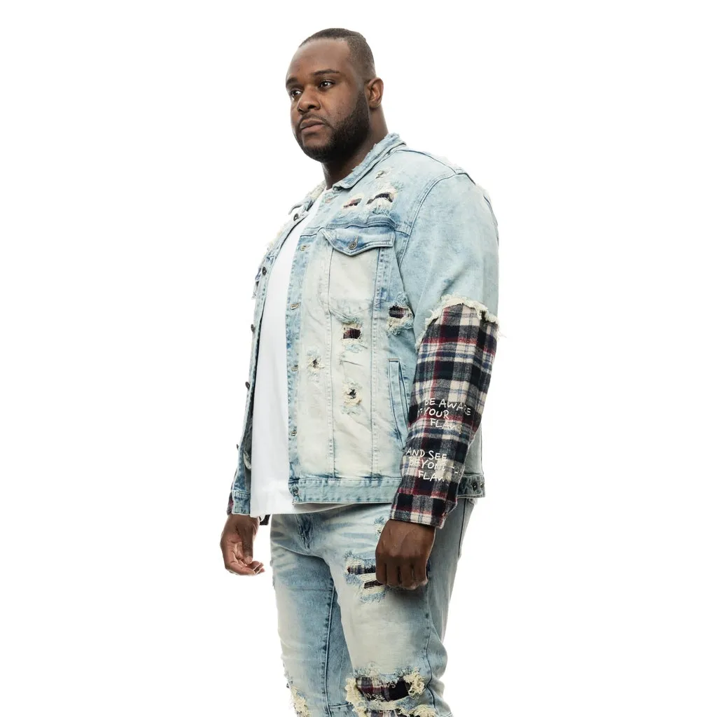 Big and Tall Plaid Mixed Media Jean Jacket - Mojave Blue