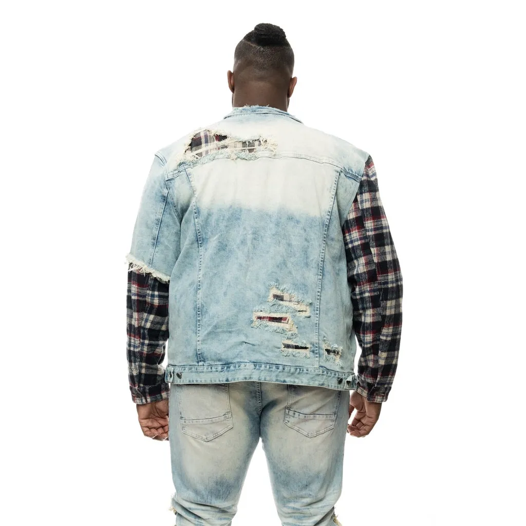 Big and Tall Plaid Mixed Media Jean Jacket - Mojave Blue