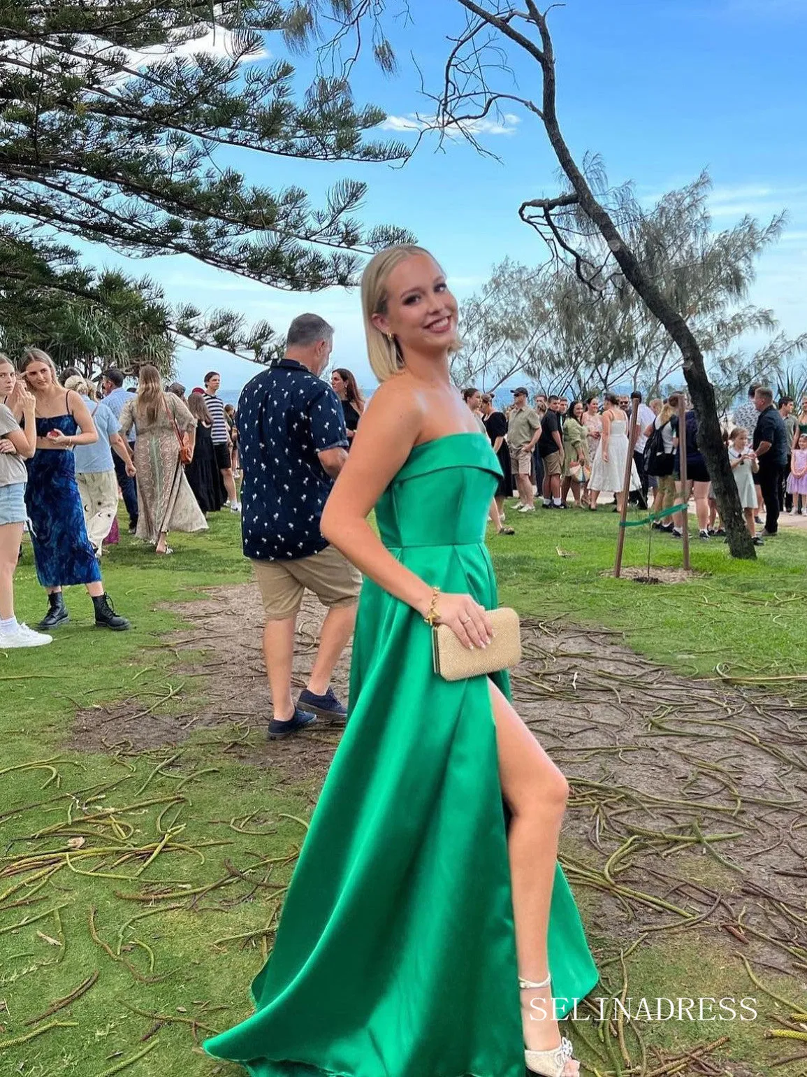 Chic A-line Strapless Hunter Green Long Prom Dresses Elegant Simple Evening Dress sew03583