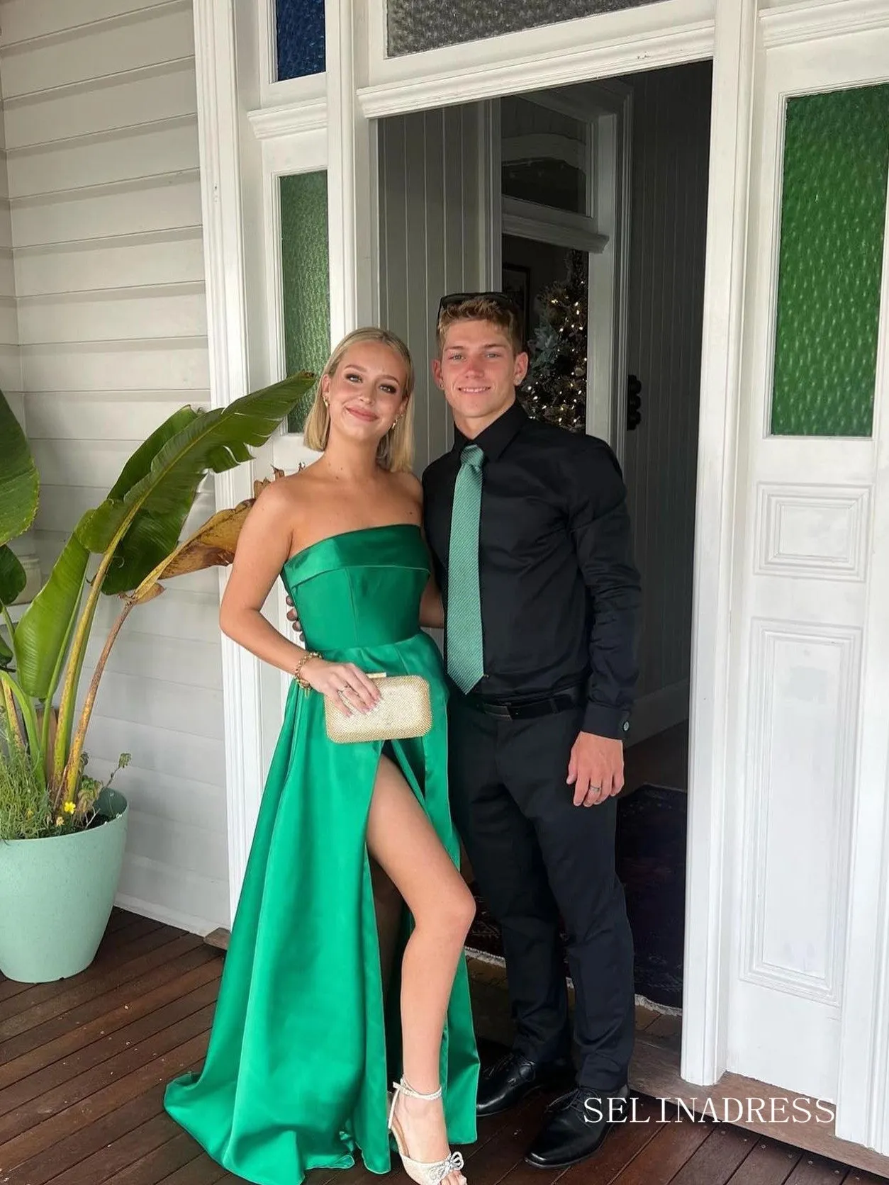 Chic A-line Strapless Hunter Green Long Prom Dresses Elegant Simple Evening Dress sew03583