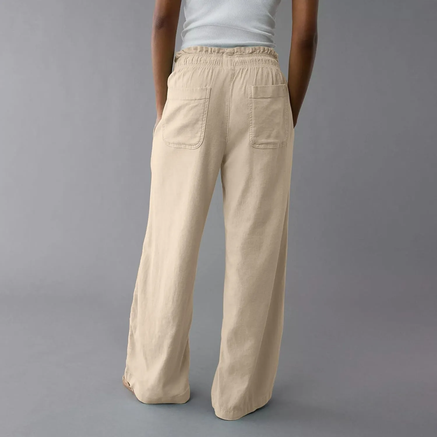 GOFULY Linen Pants for Women Wide Leg Trendy High Waisted Pants with Pockets Elastic Waist Drawstring Summer Solid Clothes