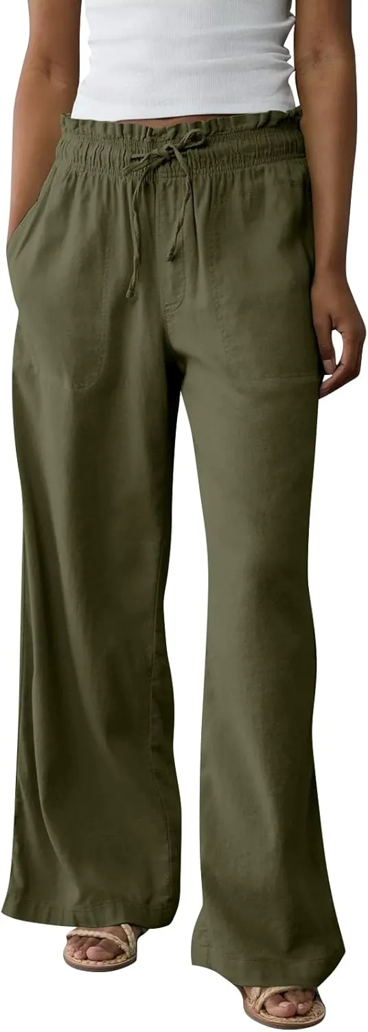 GOFULY Linen Wide Leg Pants for Women 2025 High Waisted Pants Casual Elastic Waist Drawstring Summer Trouser with Pockets