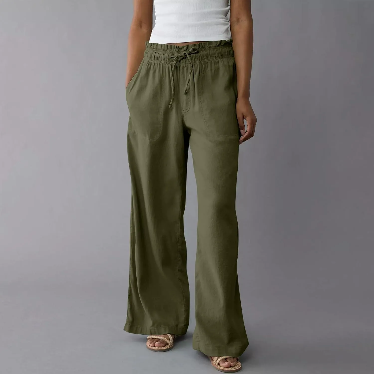 GOFULY Linen Wide Leg Pants for Women 2025 High Waisted Pants Casual Elastic Waist Drawstring Summer Trouser with Pockets