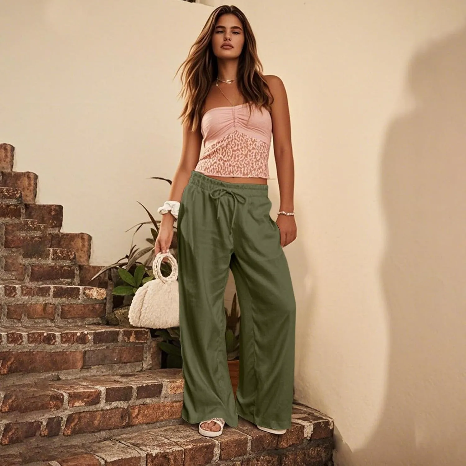 GOFULY Linen Wide Leg Pants for Women 2025 High Waisted Pants Casual Elastic Waist Drawstring Summer Trouser with Pockets