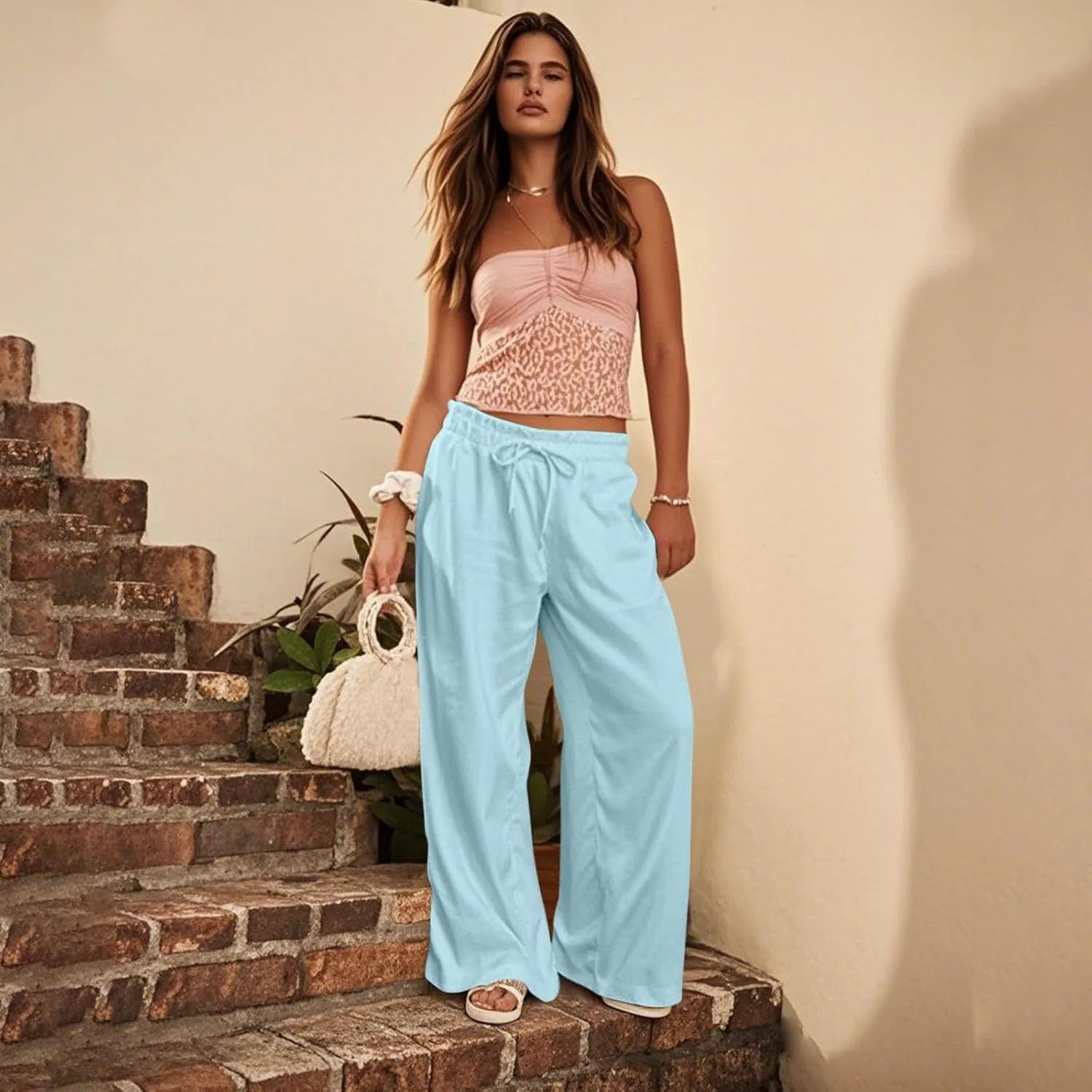 GOFULY Linen Wide Leg Pants for Women 2025 High Waisted Pants Casual Elastic Waist Drawstring Summer Trouser with Pockets