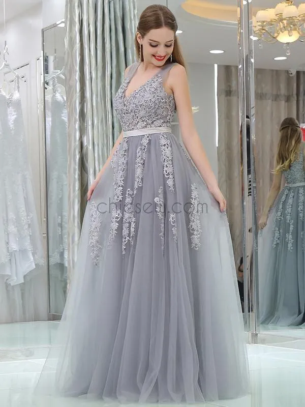 Grey A-line Sleeveless Lace V-neck Tulle Bridesmaid Dresses, YKX066