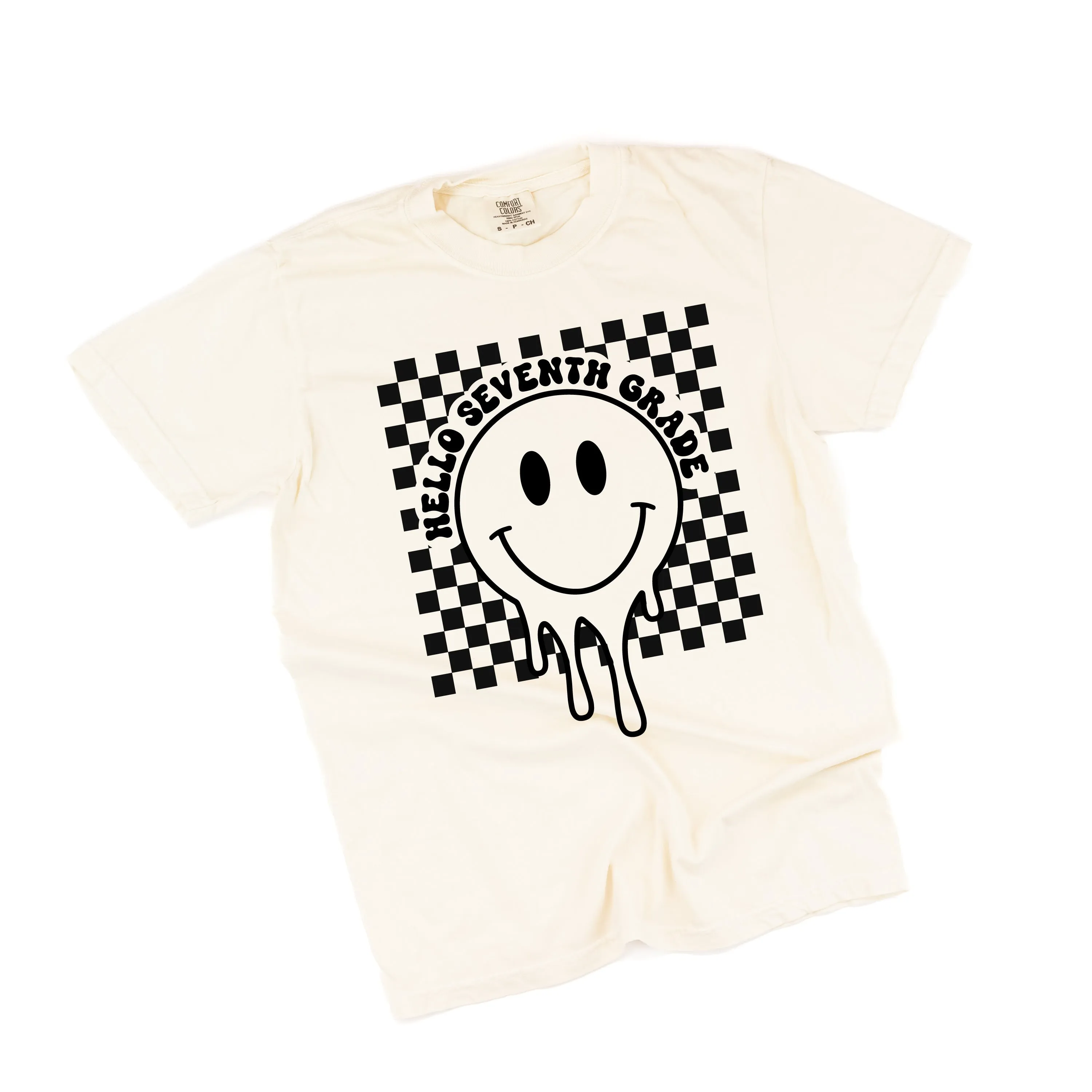 Hello Seventh Grade - Checker Smiley - SHORT SLEEVE COMFORT COLORS TEE