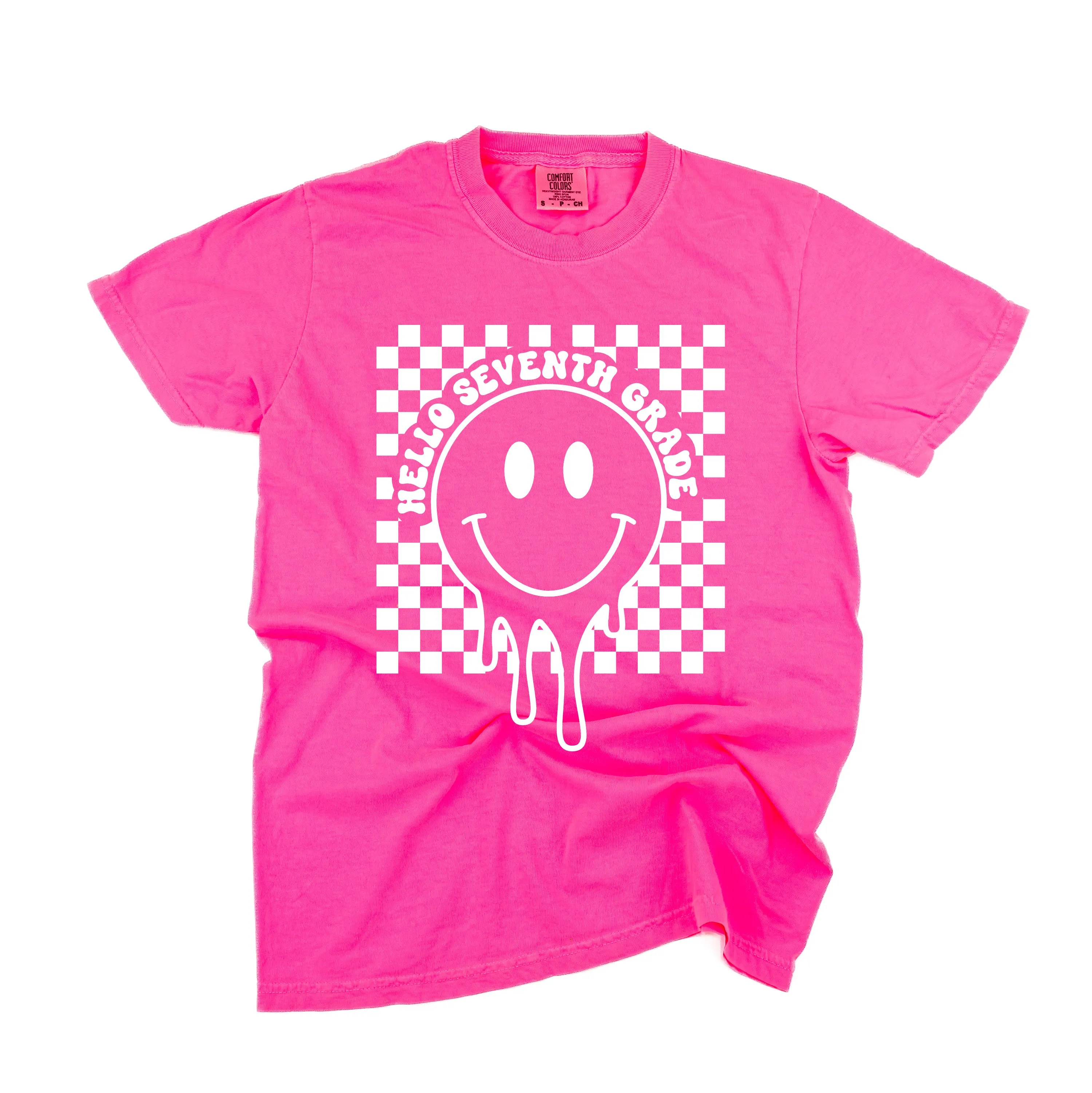Hello Seventh Grade - Checker Smiley - SHORT SLEEVE COMFORT COLORS TEE