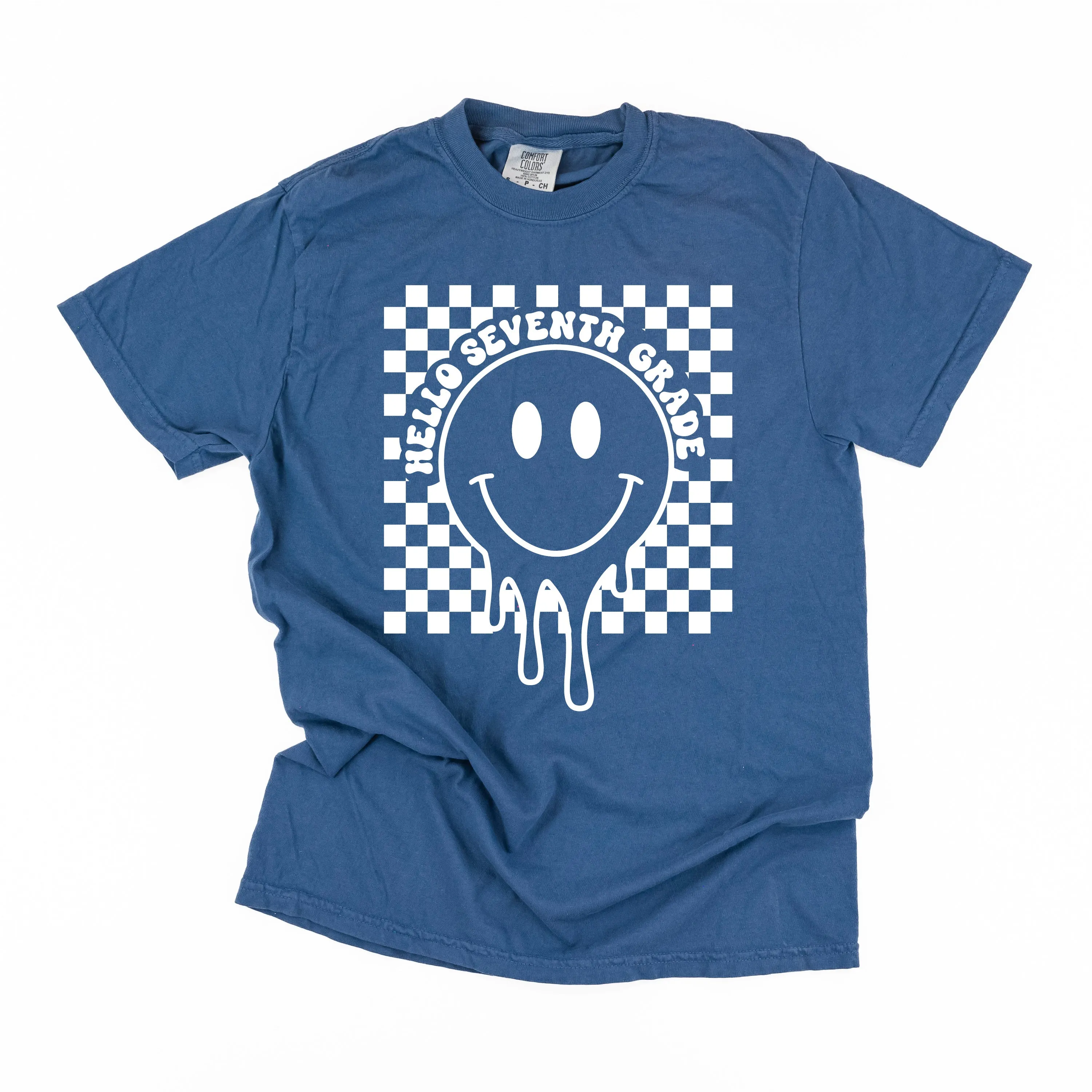 Hello Seventh Grade - Checker Smiley - SHORT SLEEVE COMFORT COLORS TEE