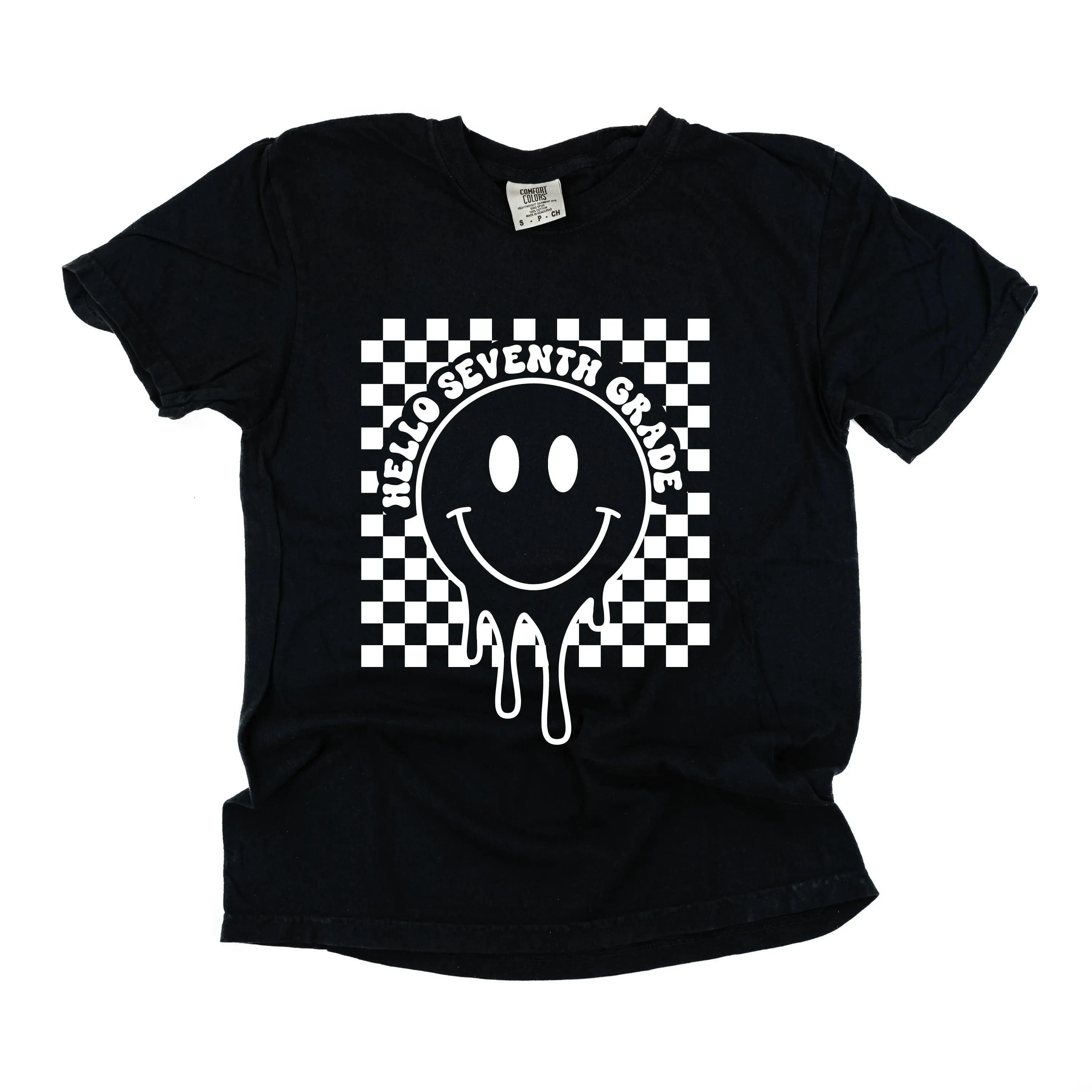 Hello Seventh Grade - Checker Smiley - SHORT SLEEVE COMFORT COLORS TEE