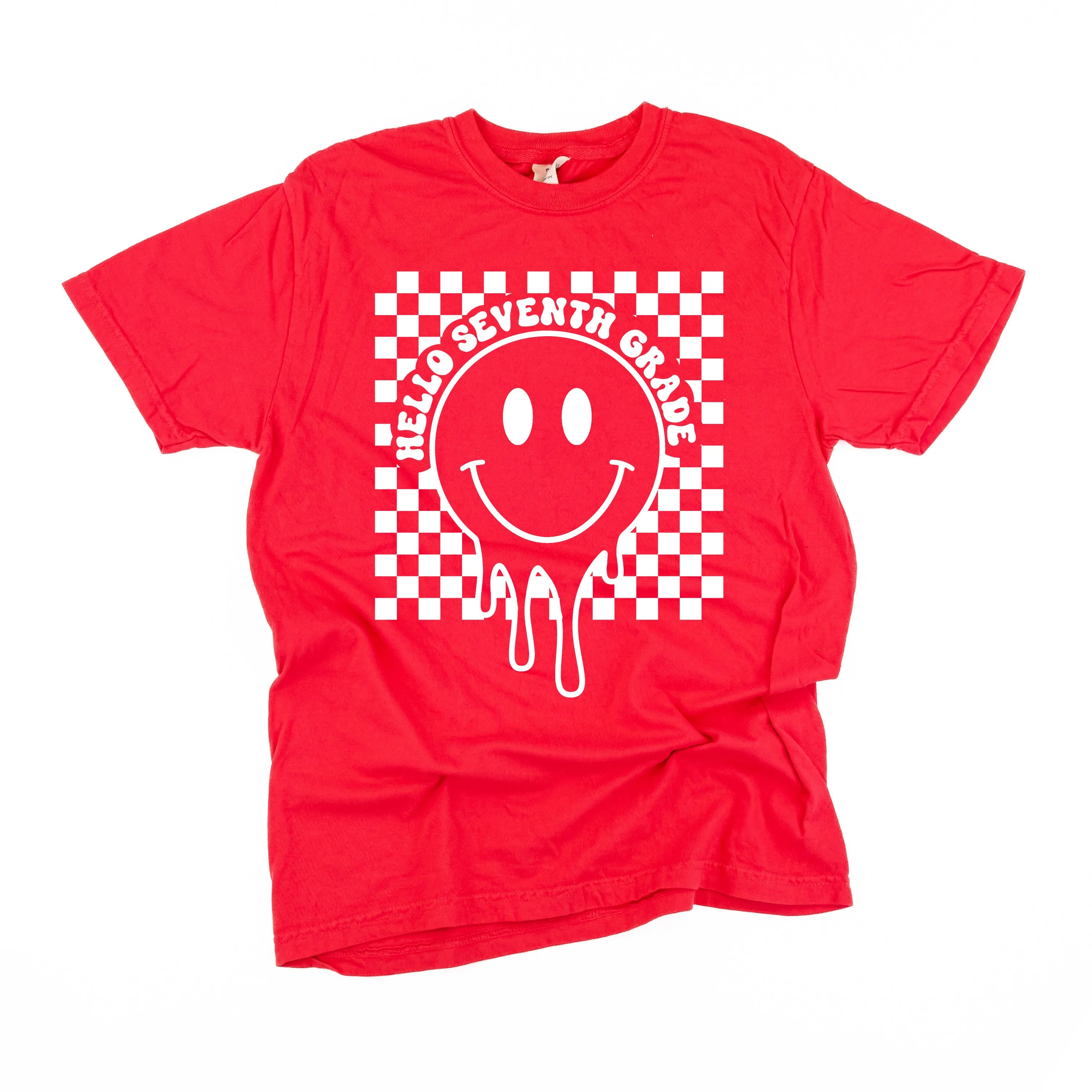 Hello Seventh Grade - Checker Smiley - SHORT SLEEVE COMFORT COLORS TEE