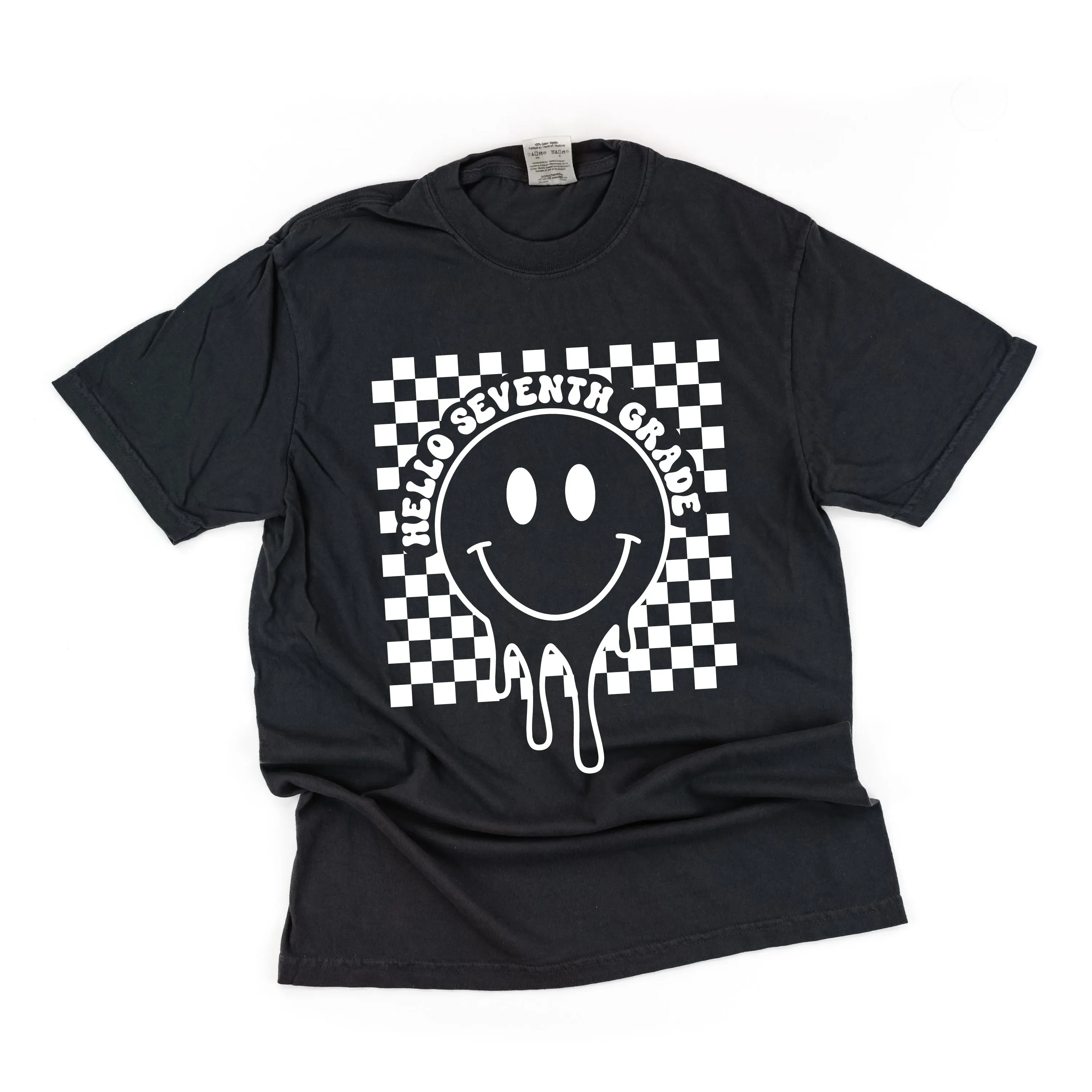 Hello Seventh Grade - Checker Smiley - SHORT SLEEVE COMFORT COLORS TEE