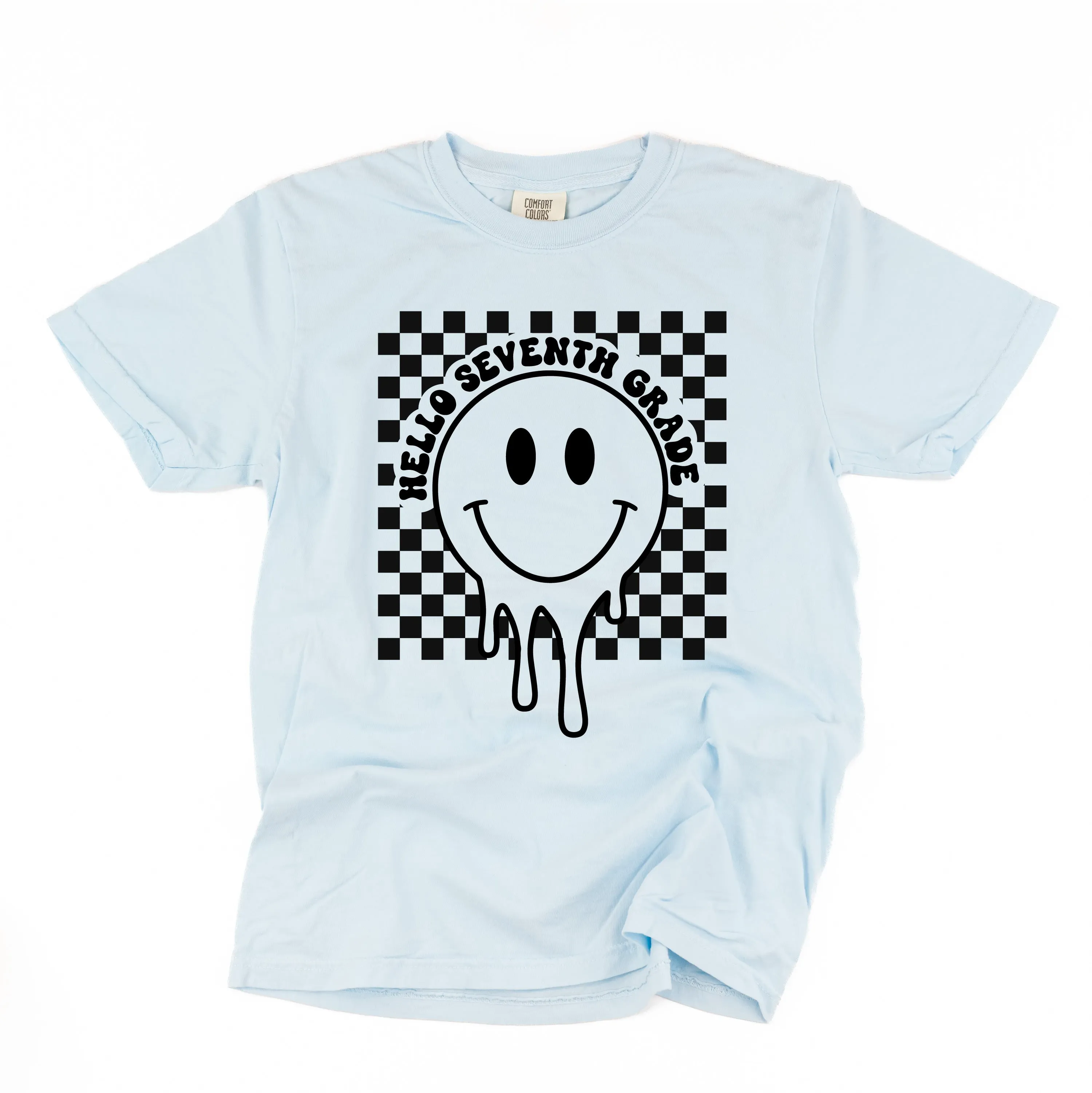 Hello Seventh Grade - Checker Smiley - SHORT SLEEVE COMFORT COLORS TEE