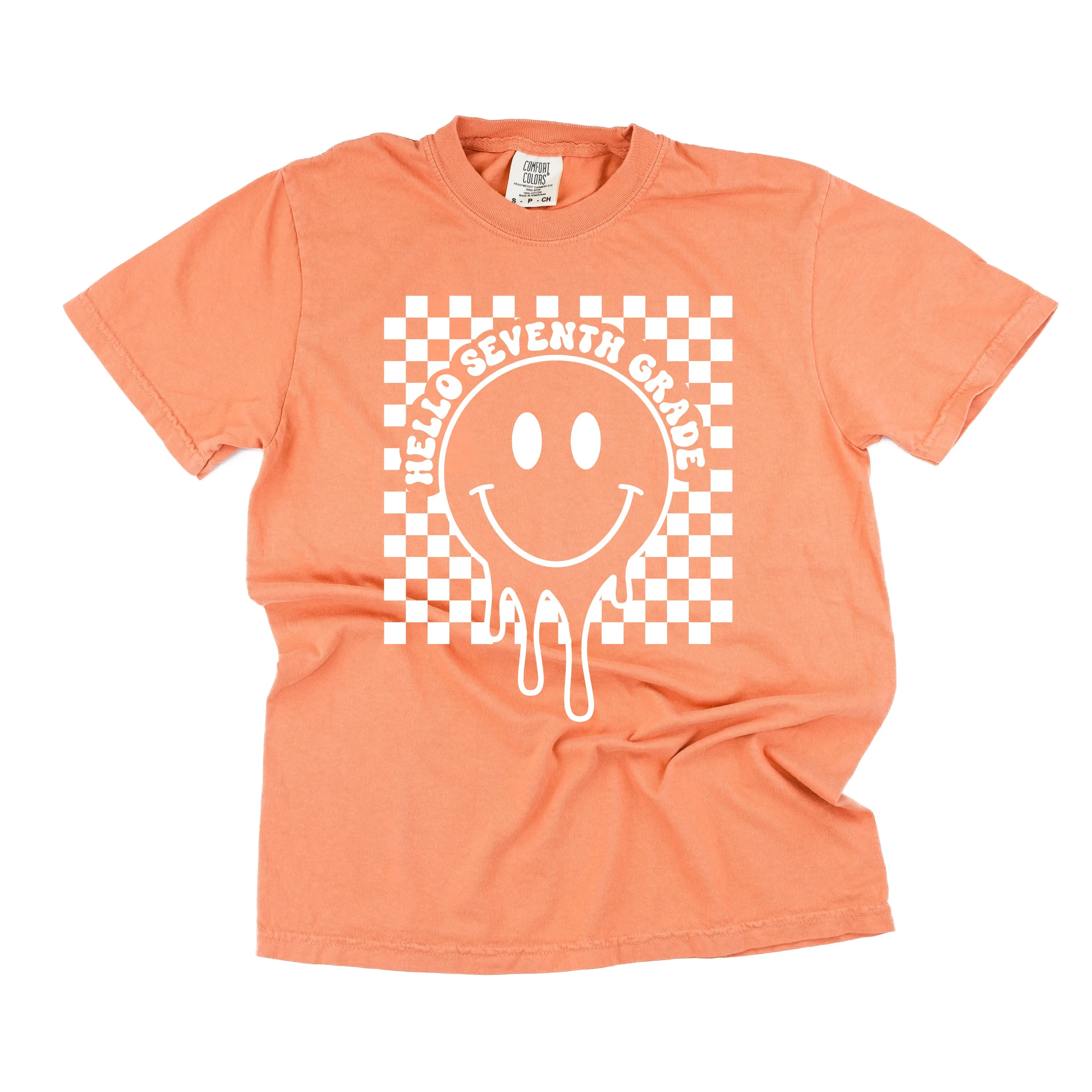 Hello Seventh Grade - Checker Smiley - SHORT SLEEVE COMFORT COLORS TEE