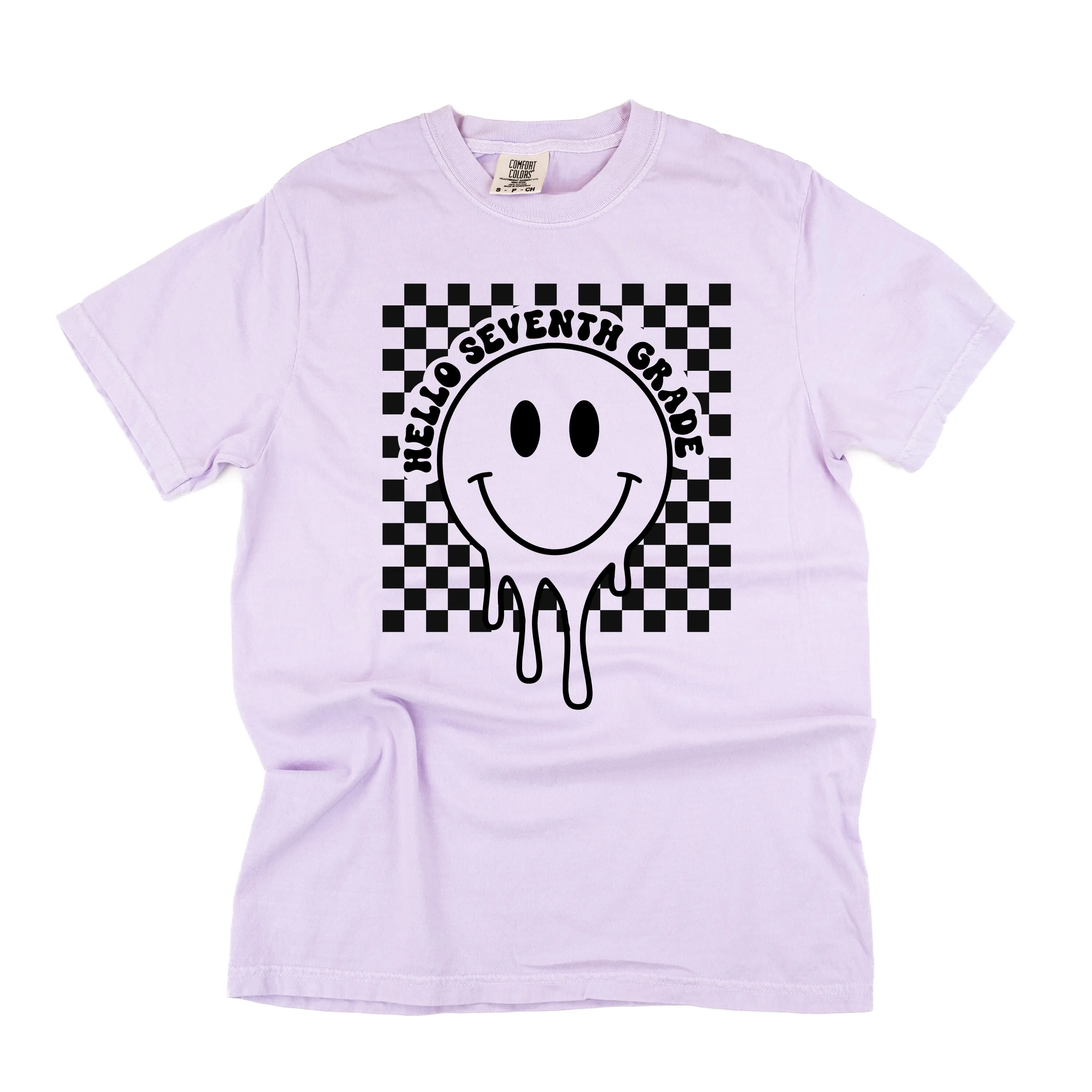 Hello Seventh Grade - Checker Smiley - SHORT SLEEVE COMFORT COLORS TEE