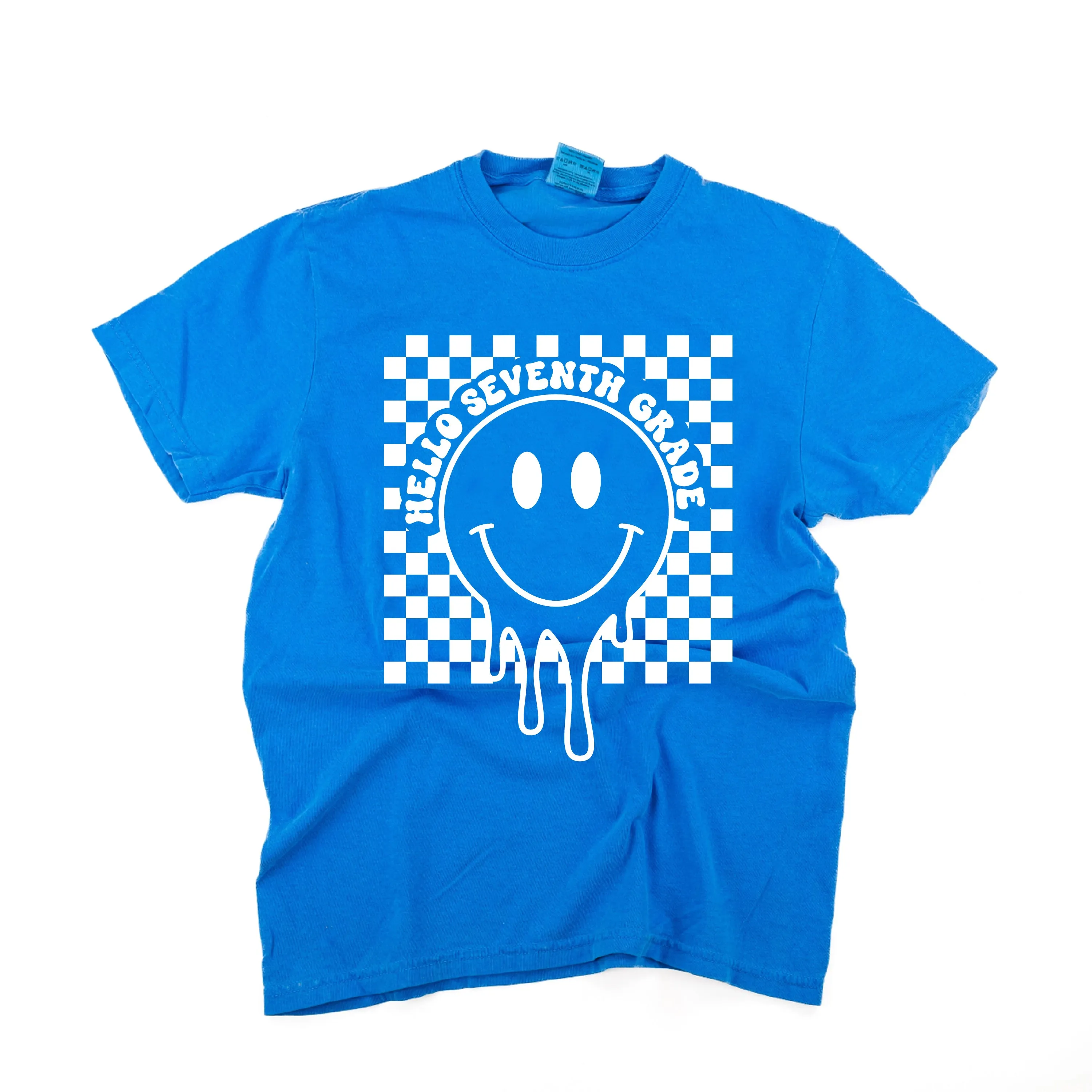 Hello Seventh Grade - Checker Smiley - SHORT SLEEVE COMFORT COLORS TEE