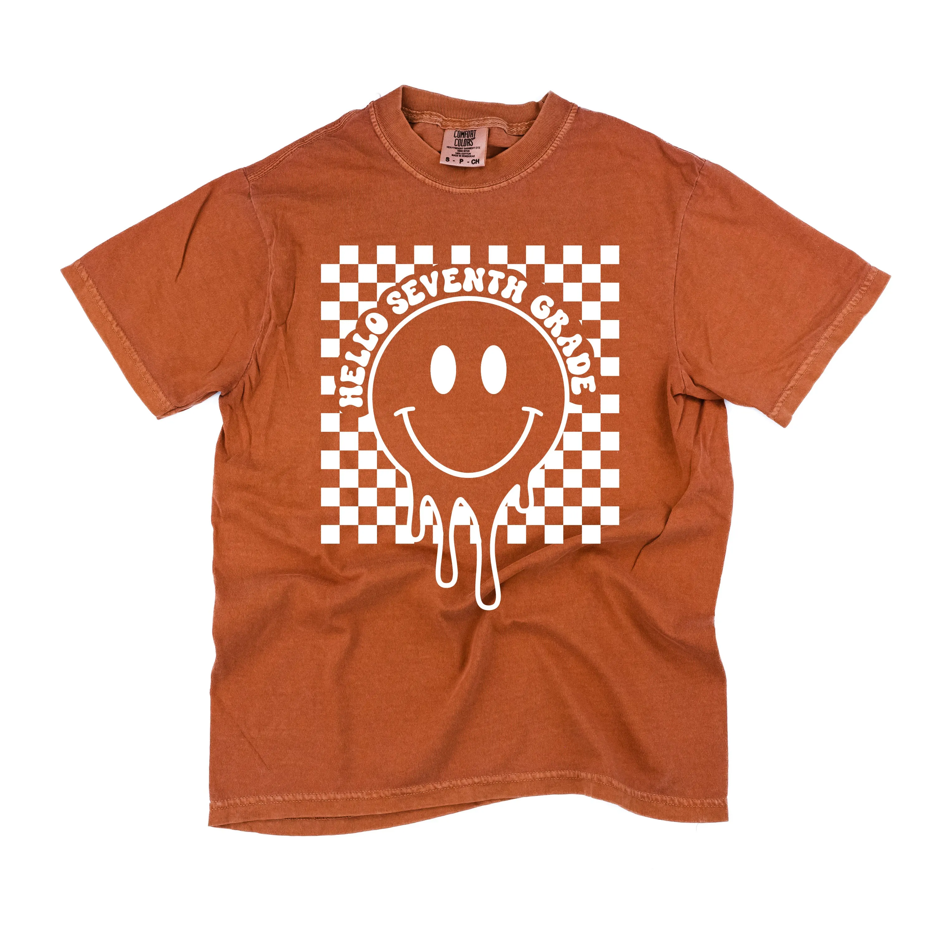 Hello Seventh Grade - Checker Smiley - SHORT SLEEVE COMFORT COLORS TEE