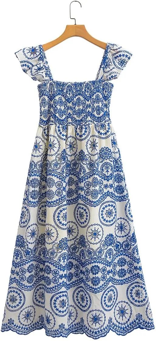 Melliflo Women Casual Bohemian Floral Embroidered Dress Casual Smocked Strap Open Back Swing Shift Sundress Party Beach Dress