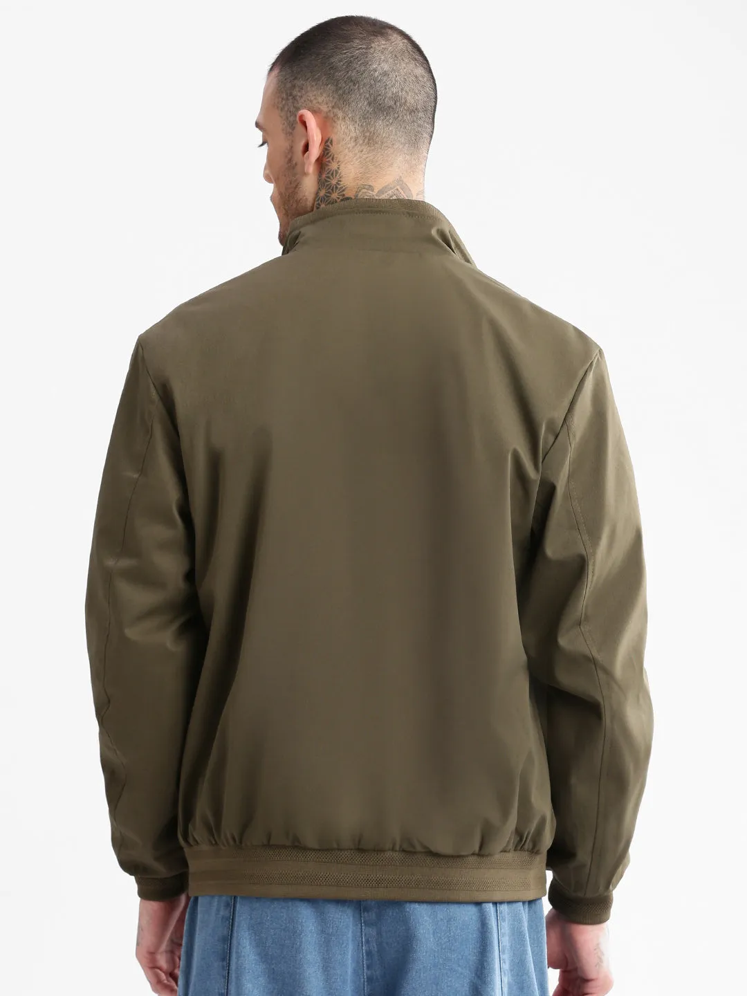Men Mock Collar Olive Solid Windcheater Cotton Bomber Jacket