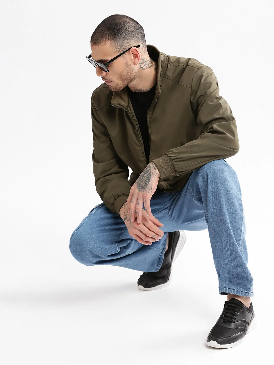 Men Mock Collar Olive Solid Windcheater Cotton Bomber Jacket