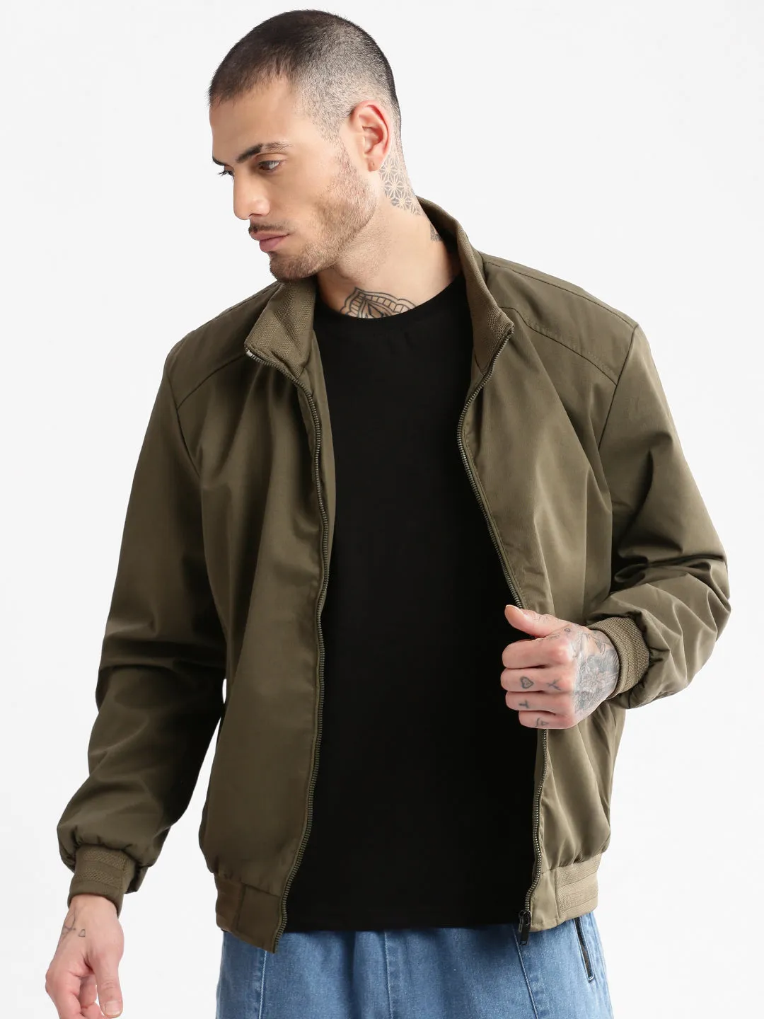 Men Mock Collar Olive Solid Windcheater Cotton Bomber Jacket