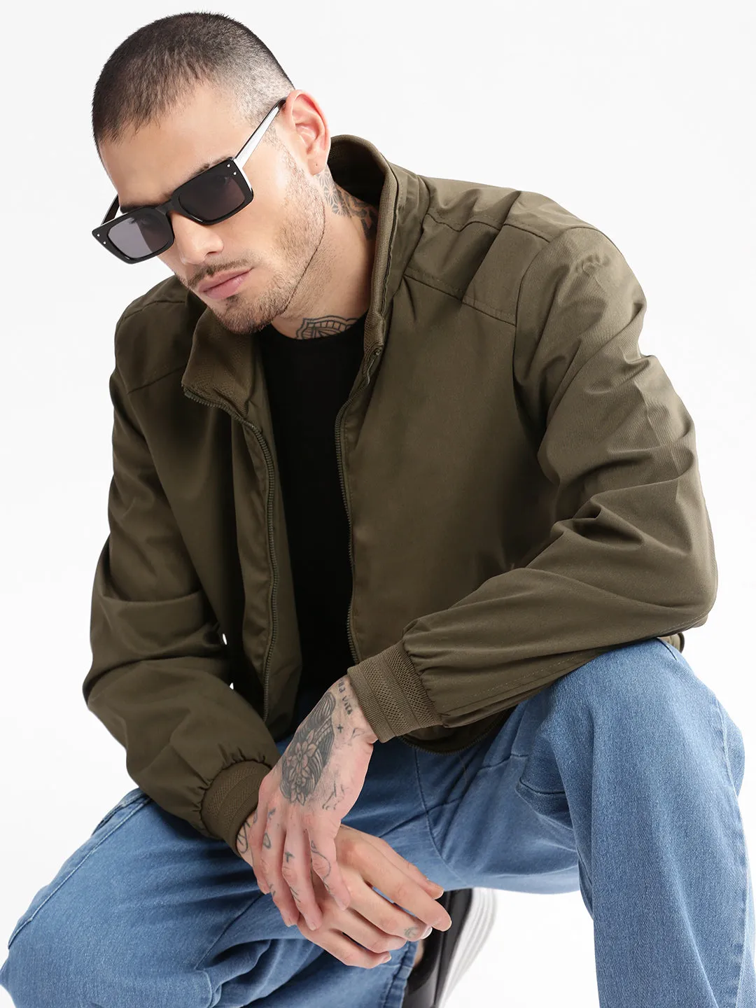 Men Mock Collar Olive Solid Windcheater Cotton Bomber Jacket