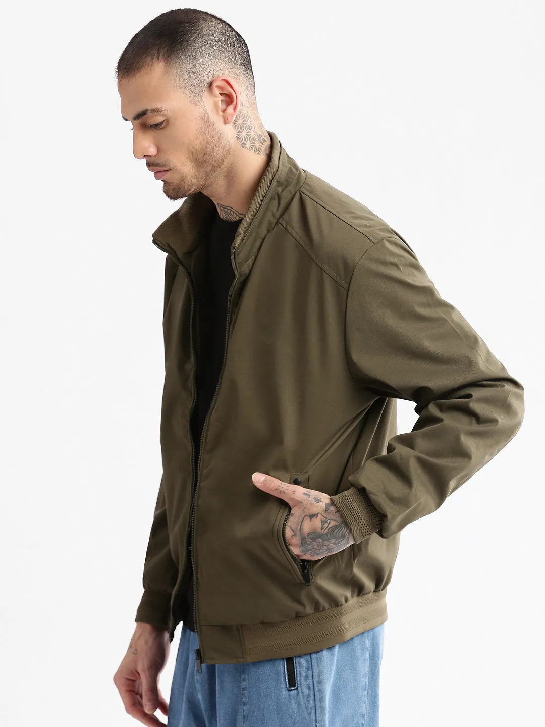Men Mock Collar Olive Solid Windcheater Cotton Bomber Jacket