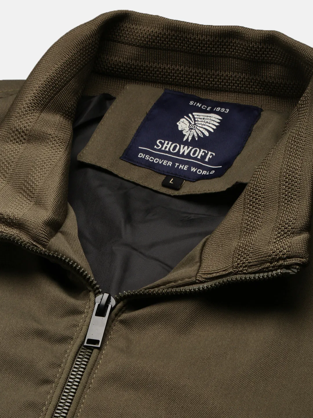 Men Mock Collar Olive Solid Windcheater Cotton Bomber Jacket
