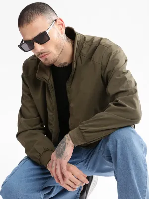 Men Mock Collar Olive Solid Windcheater Cotton Bomber Jacket
