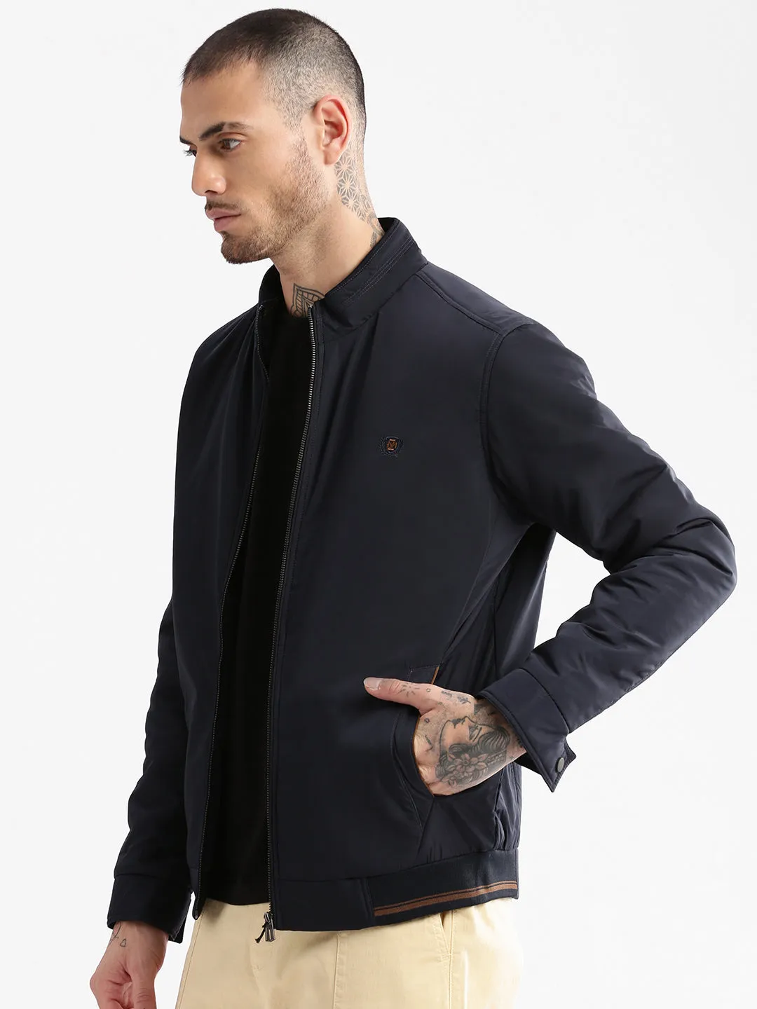 Men Mock Collar Solid Navy Blue Classic Bomber Jacket