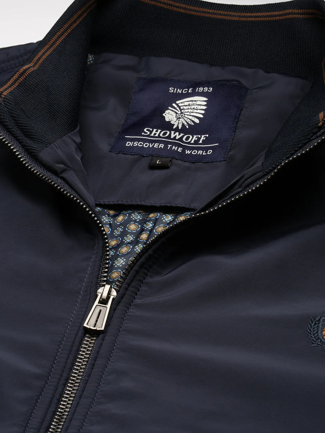 Men Mock Collar Solid Navy Blue Classic Bomber Jacket