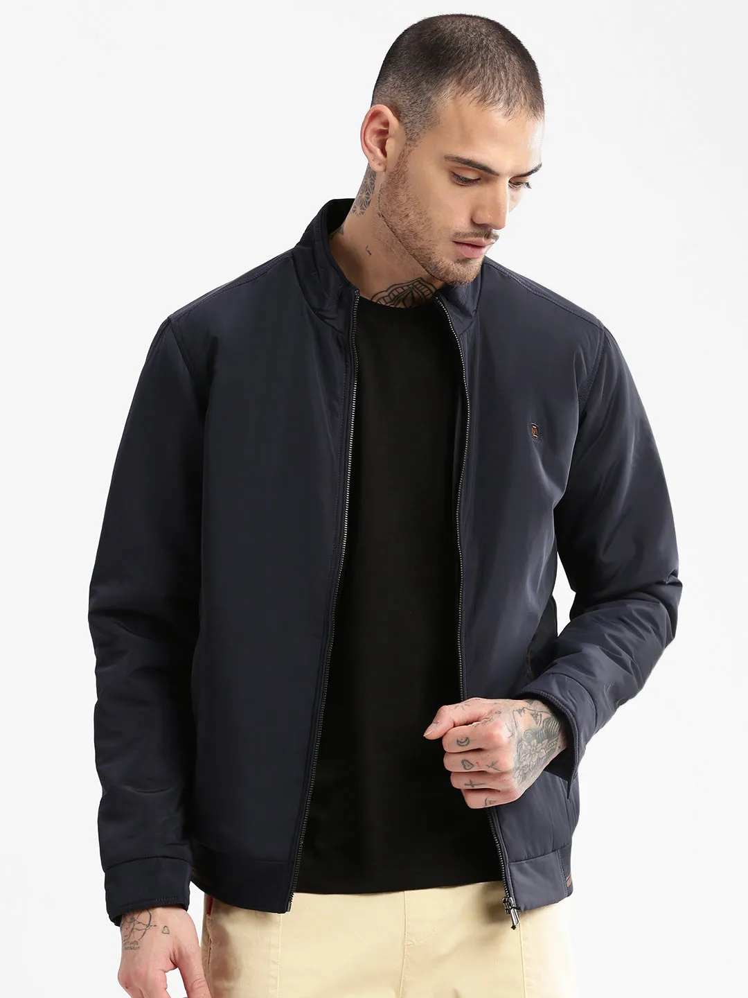 Men Mock Collar Solid Navy Blue Classic Bomber Jacket