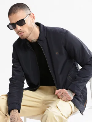 Men Mock Collar Solid Navy Blue Classic Bomber Jacket