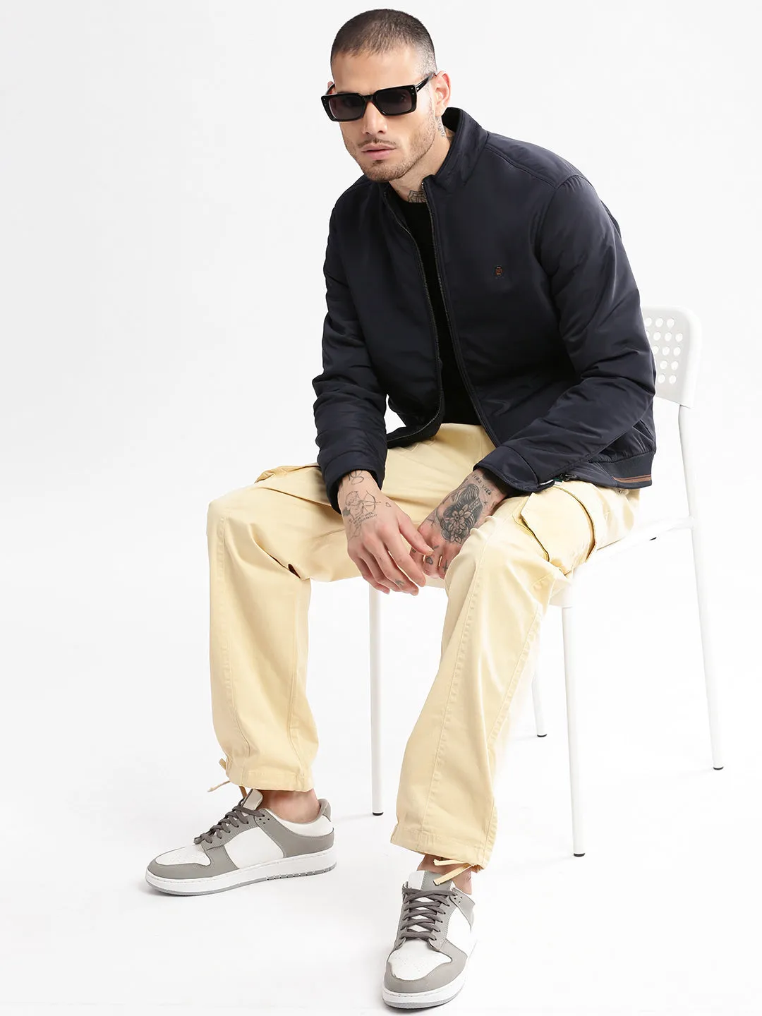 Men Mock Collar Solid Navy Blue Classic Bomber Jacket