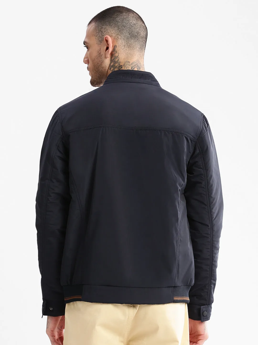Men Mock Collar Solid Navy Blue Classic Bomber Jacket