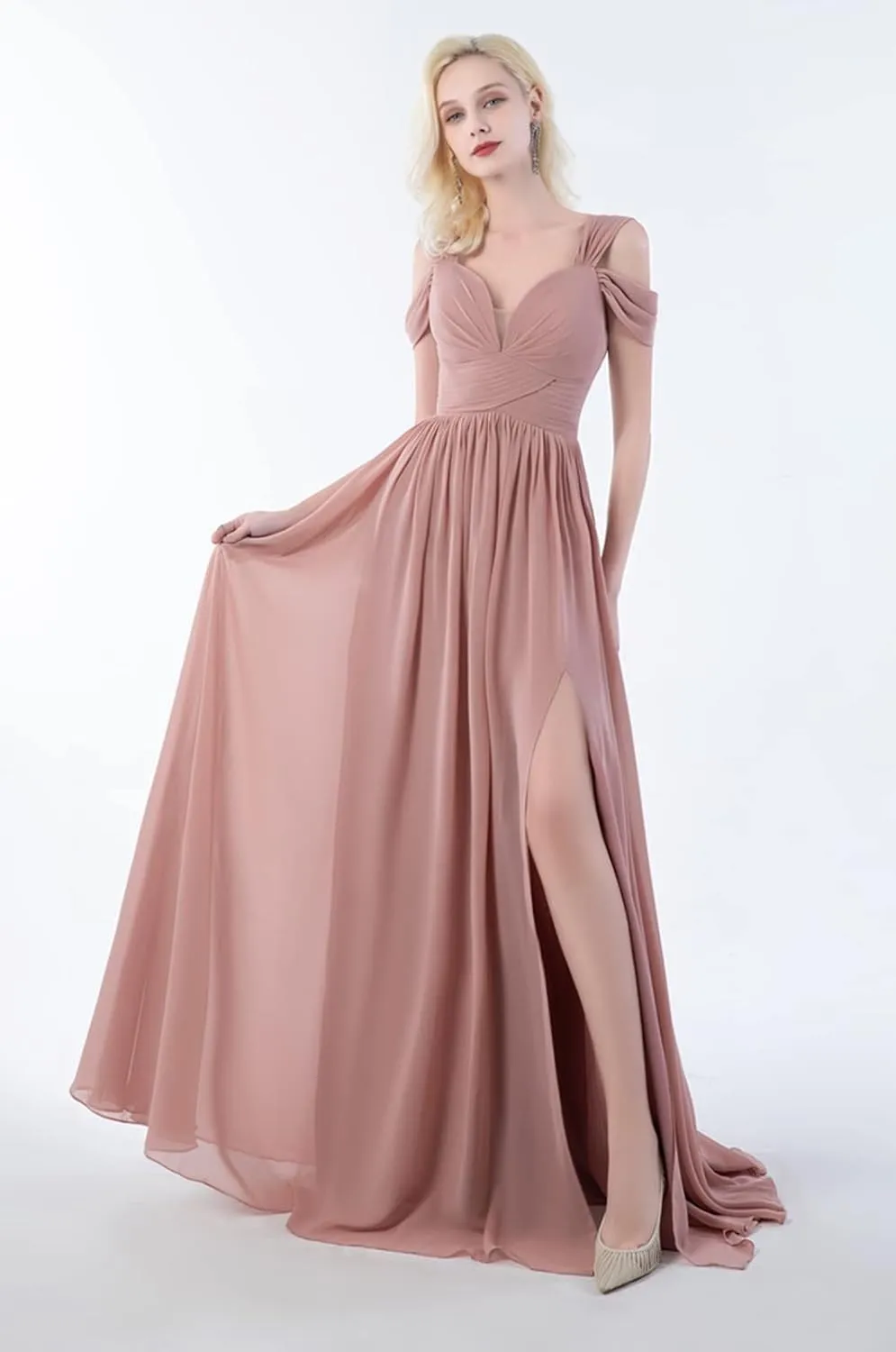Off The Shoulder Bridesmaid Dresses Long A-line Chiffon Formal Evening Gown