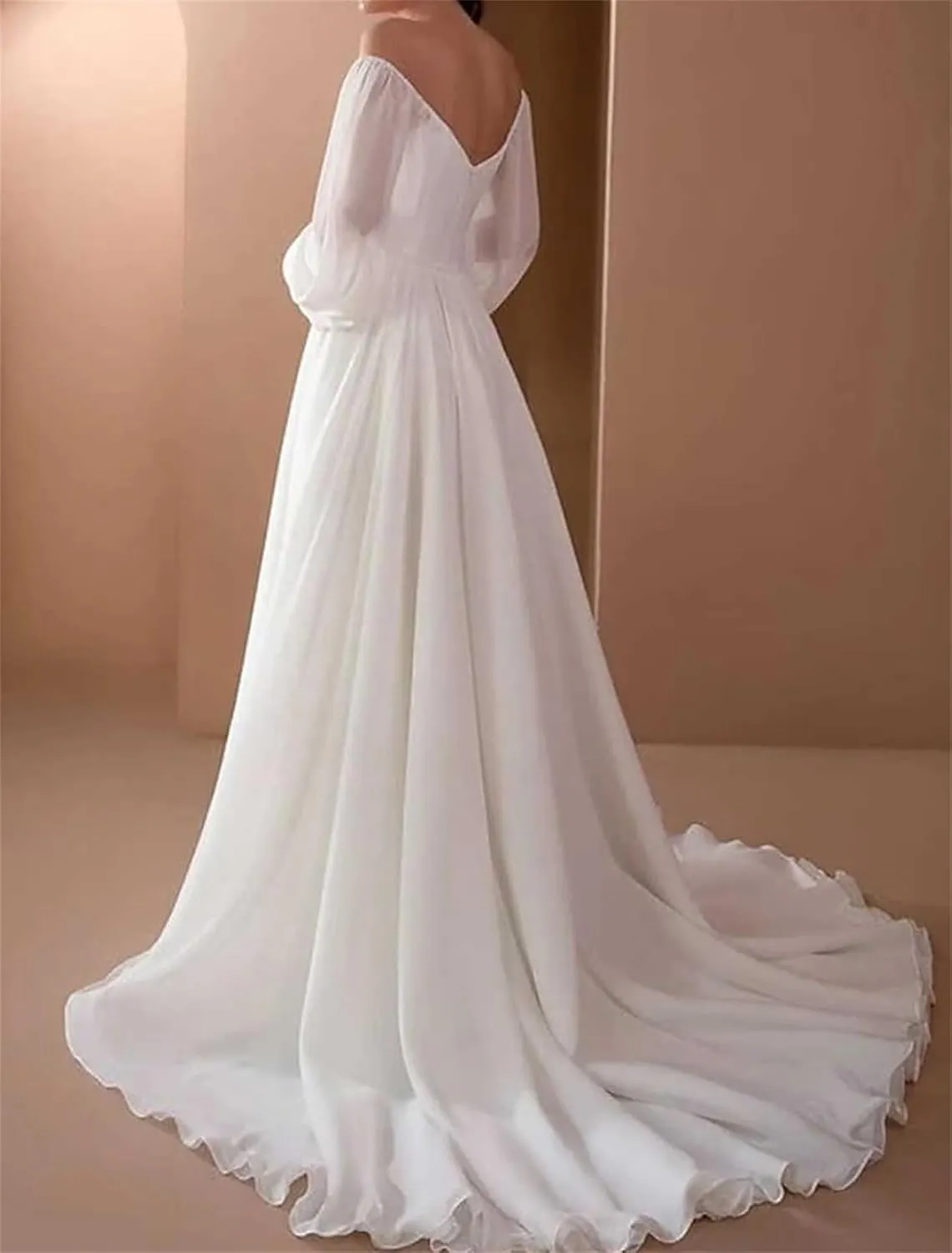 Off The Shoulder Romantic Puff-Sleeve White Wedding Dress A-Line Chiffon Evening Dress Beach Dress Ball Gown 2024