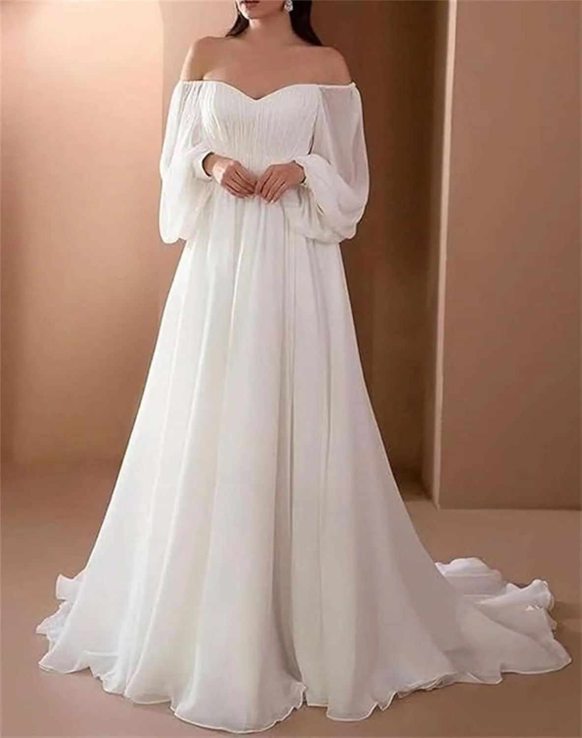 Off The Shoulder Romantic Puff-Sleeve White Wedding Dress A-Line Chiffon Evening Dress Beach Dress Ball Gown 2024