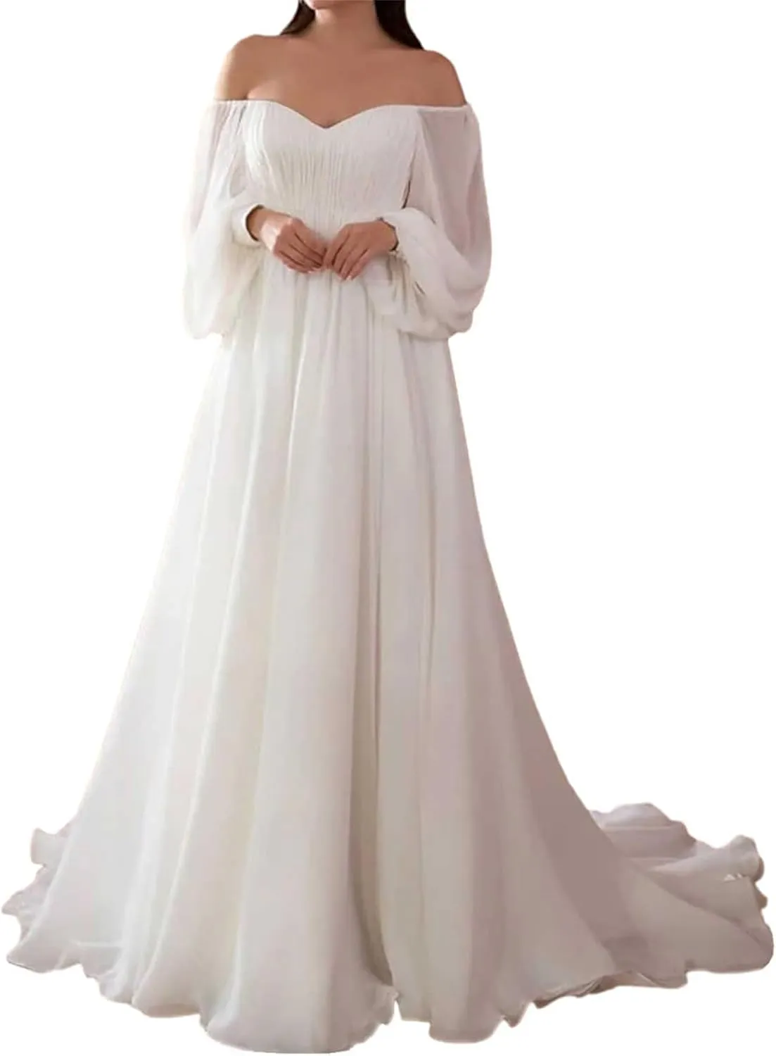 Off The Shoulder Romantic Puff-Sleeve White Wedding Dress A-Line Chiffon Evening Dress Beach Dress Ball Gown 2024