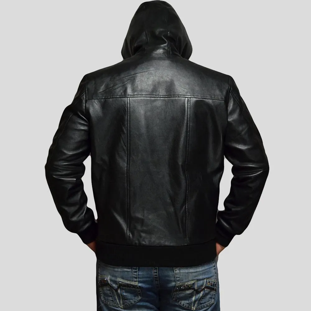 Shane Black Bomber Leather Jacket Hooded