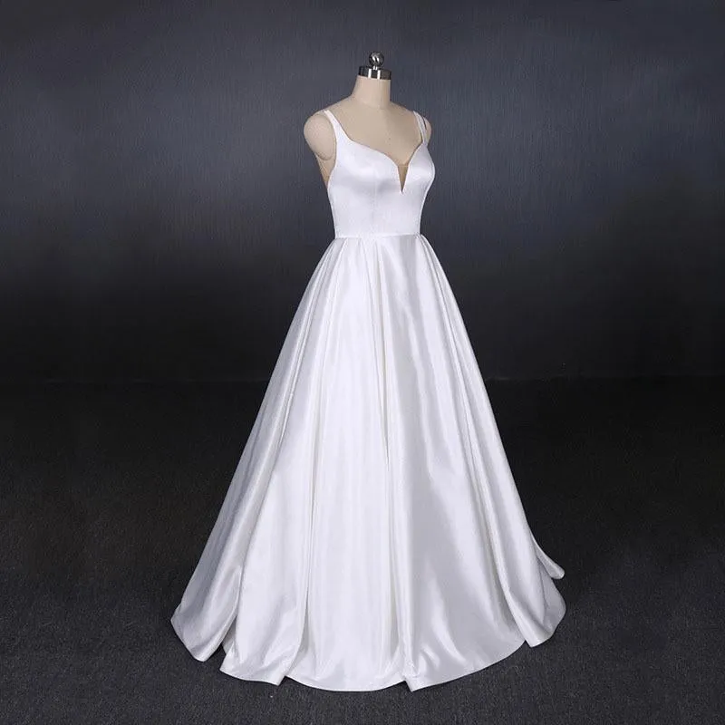 Simple Straps White Satin Wedding Dresses, Floor Length Satin Backless Bridal Dresses UQ2356
