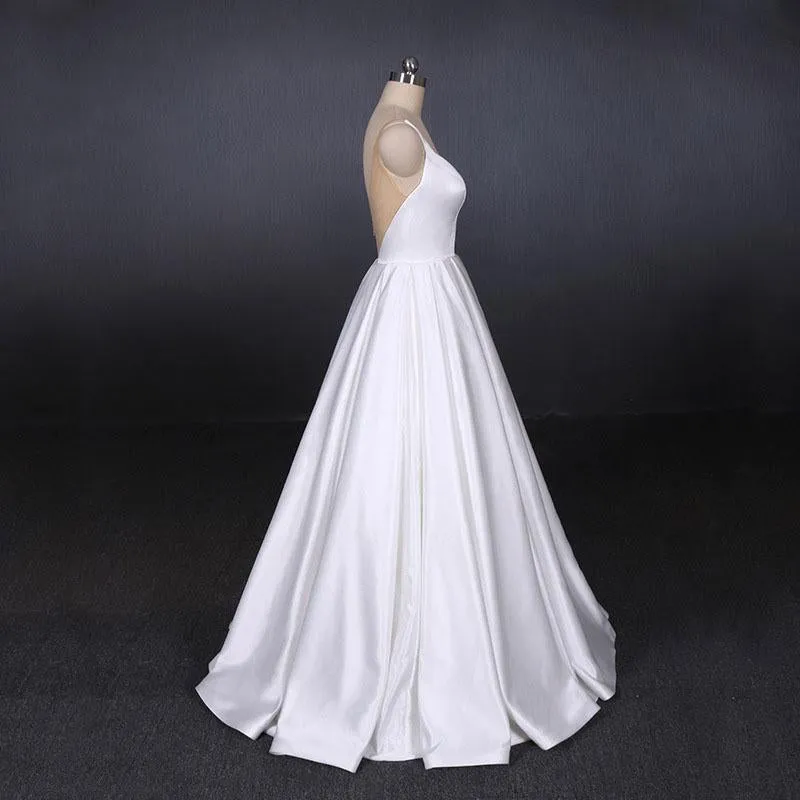 Simple Straps White Satin Wedding Dresses, Floor Length Satin Backless Bridal Dresses UQ2356