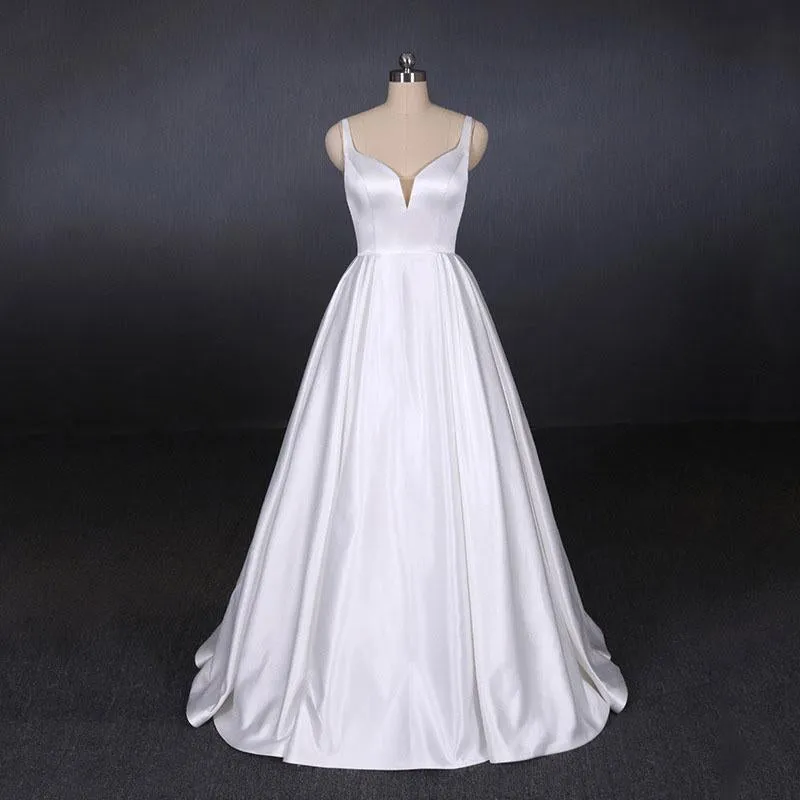 Simple Straps White Satin Wedding Dresses, Floor Length Satin Backless Bridal Dresses UQ2356