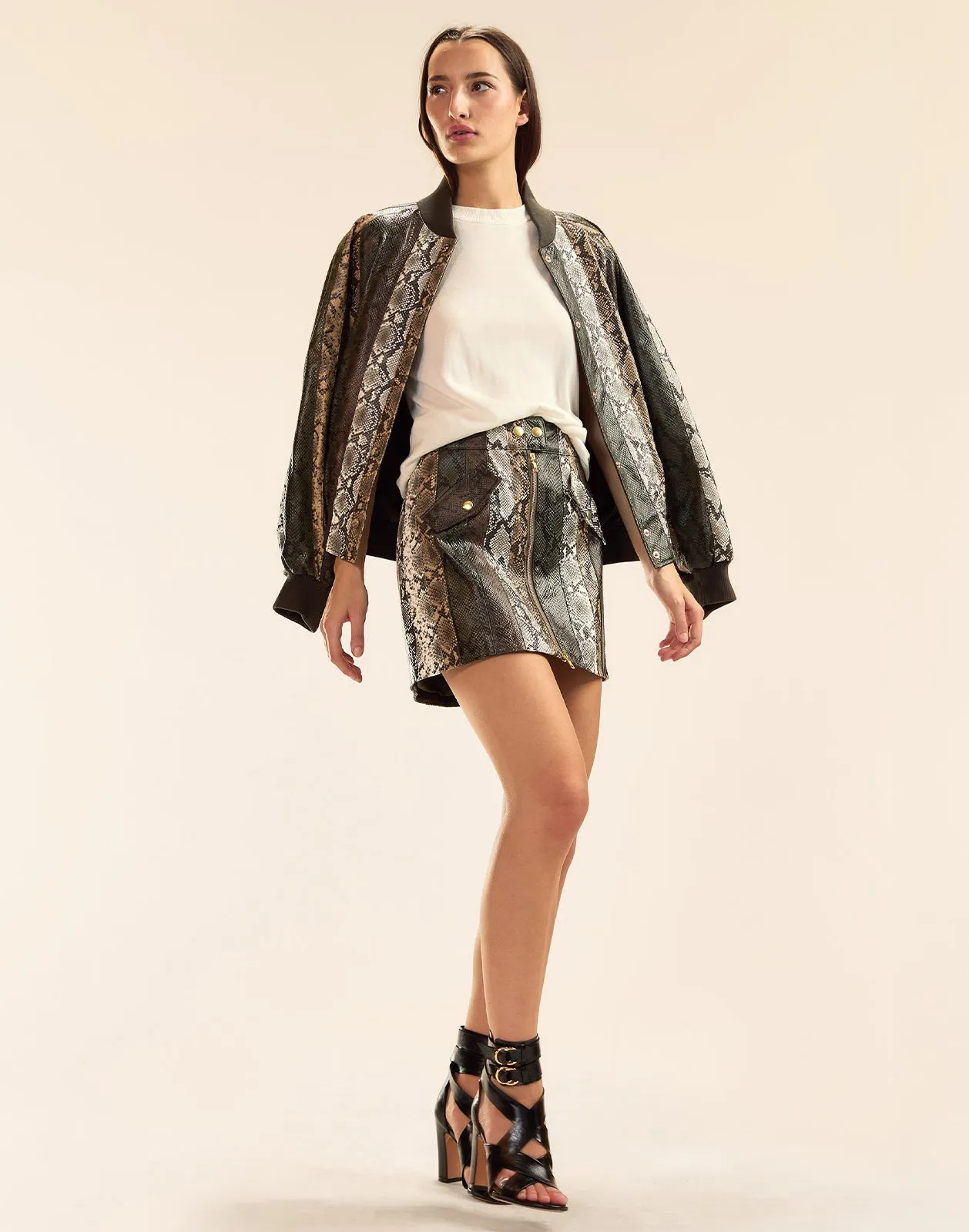 Snake-Embossed Vegan Leather Bomber Jacket