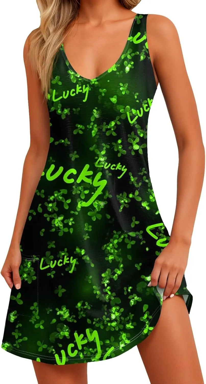 St. Patrick's Day A Line Sleeveless Dress Women Trendy Birthday Comfy Loose Scoop