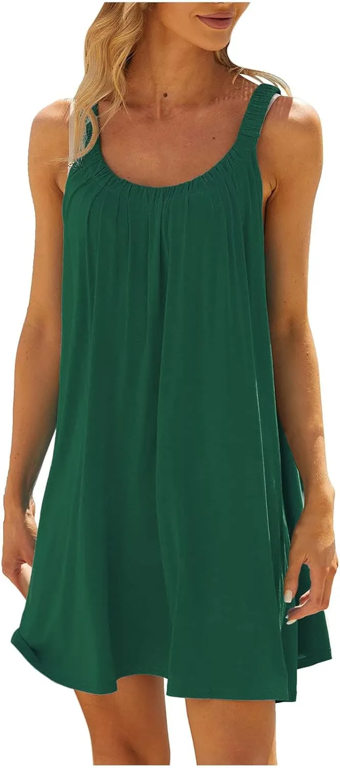 Summer Beach Dresses for Women,2024 Strappy Tank Dress Sleeveless Loose Flowy Mini Sundress Smocked Shift Tunic Dress