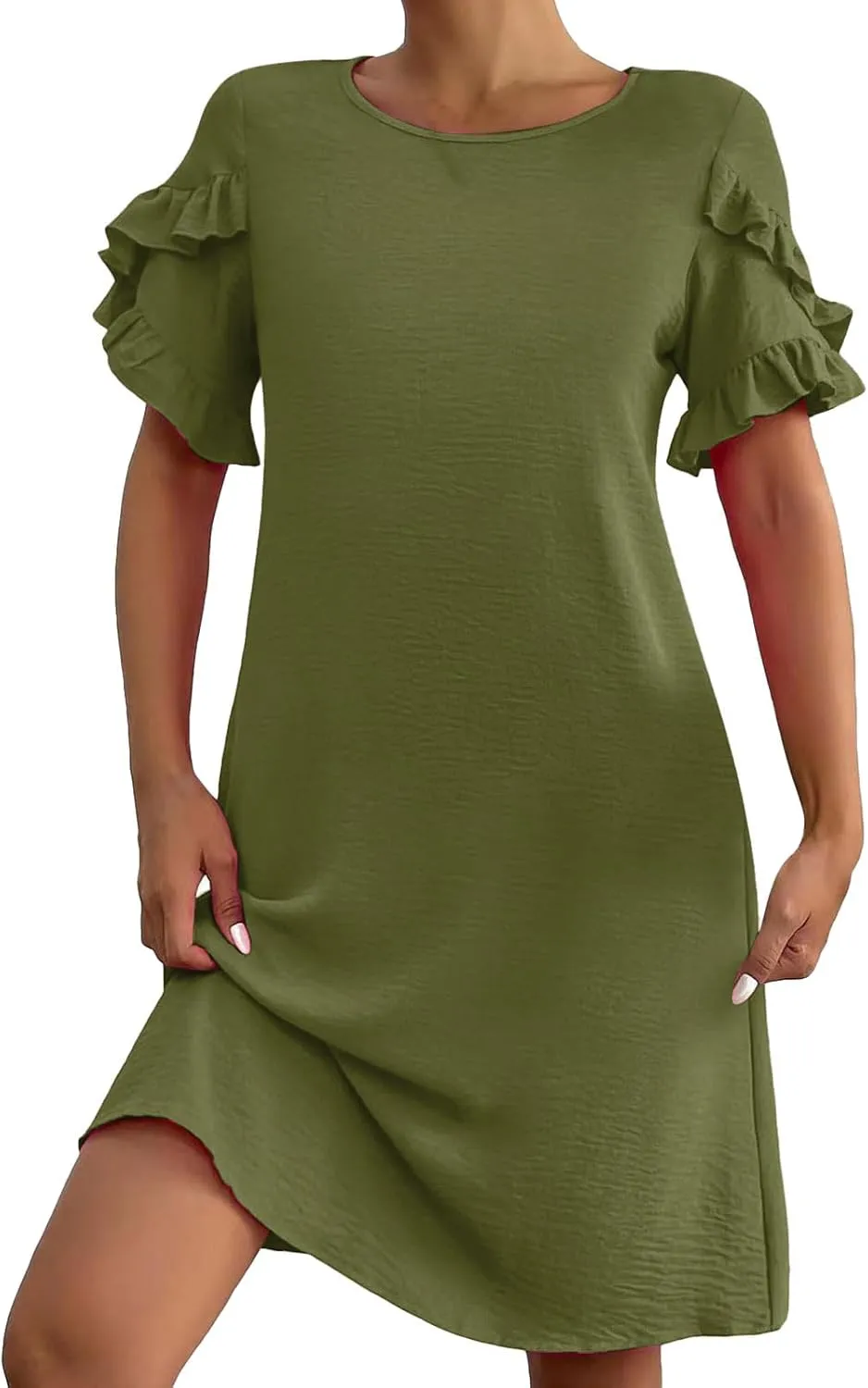 Summer Dresses for Women 2025 Ruffle Sleeve A Line Mini Dress Casual Crew Neck Shift Dress Loose Flowy Beach Sundress